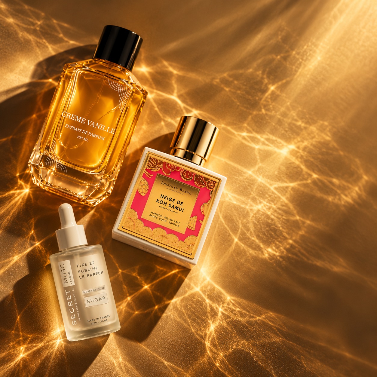 Crème Vanille, Neige de Koh Samui et Secret Musc sur fond doré